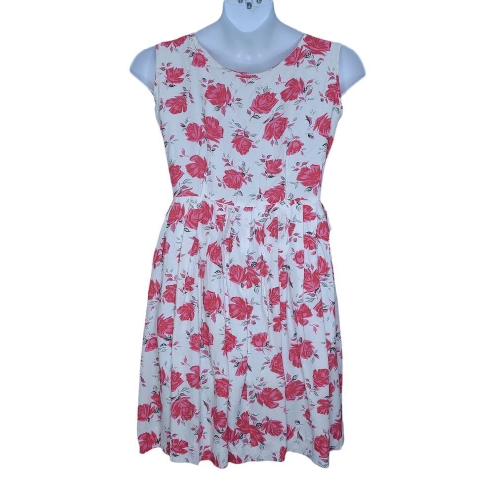 VINTAGE pink floral roses button up sleeveless day dress‎ S